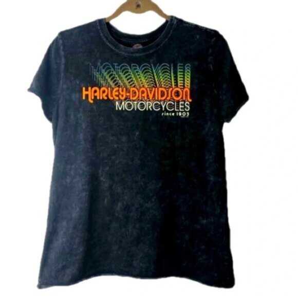 Harley Davidson Women Tee L Black Acid Wash Graphic Logo New Hampshire - Picture 1 of 9